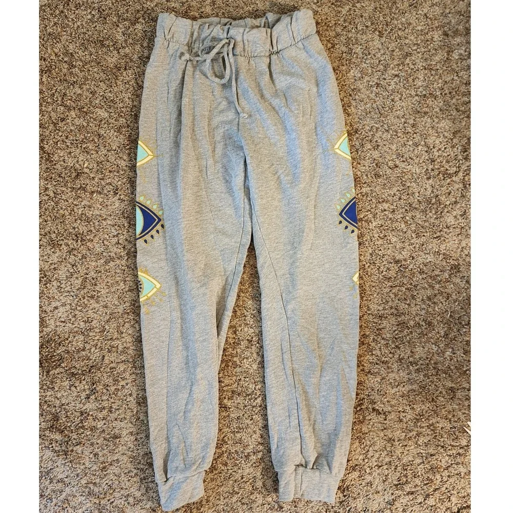 Evil Eye Graphic‎ Jogger Sweatpants Gray Blue Gold Spiritual Small USA Made